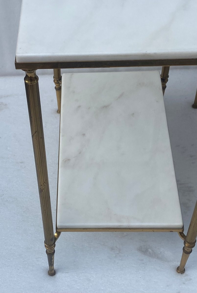 1970′ Pair Of Brass Sofa End Tables Maison Baguès White Marble Tops 49.5 X 30 Xh 57 -photo-2