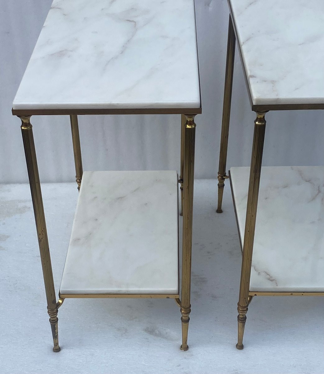 1970′ Pair Of Brass Sofa End Tables Maison Baguès White Marble Tops 49.5 X 30 Xh 57 -photo-3