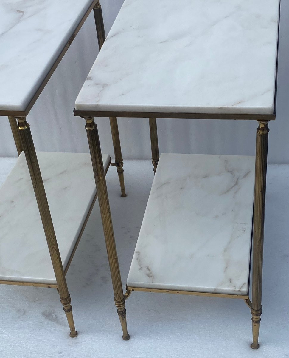 1970′ Pair Of Brass Sofa End Tables Maison Baguès White Marble Tops 49.5 X 30 Xh 57 -photo-4