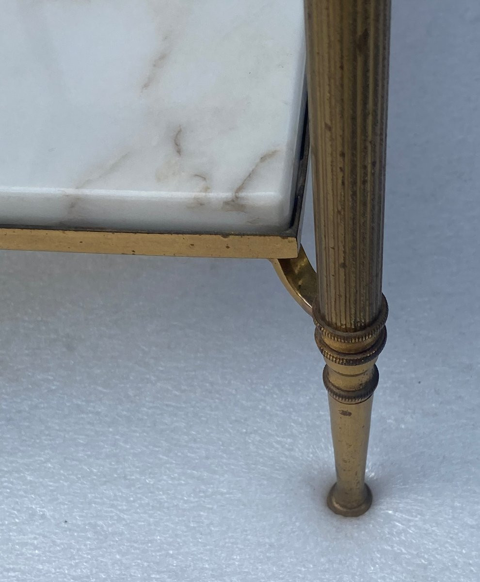 1970′ Pair Of Brass Sofa End Tables Maison Baguès White Marble Tops 49.5 X 30 Xh 57 -photo-5
