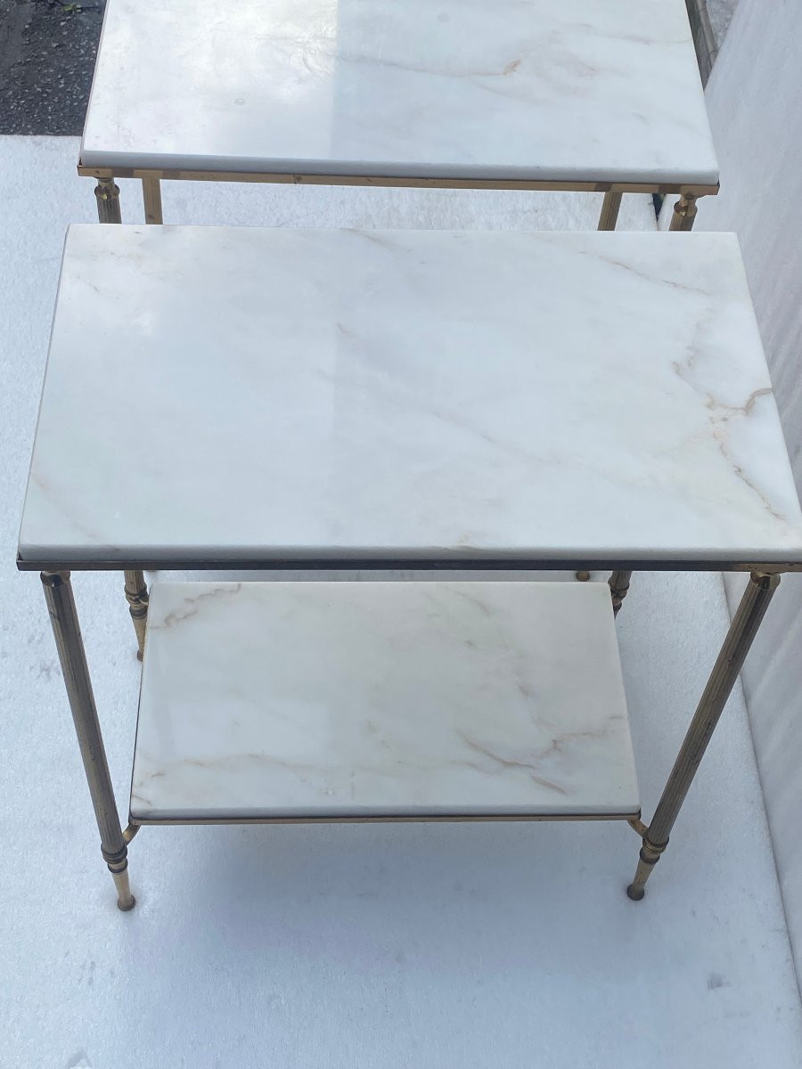 1970′ Pair Of Brass Sofa End Tables Maison Baguès White Marble Tops 49.5 X 30 Xh 57 -photo-7