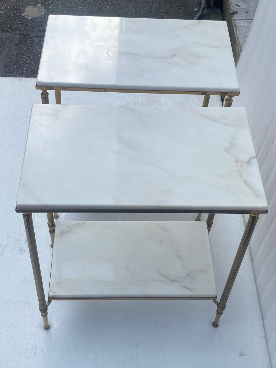 1970′ Pair Of Brass Sofa End Tables Maison Baguès White Marble Tops 49.5 X 30 Xh 57 -photo-8