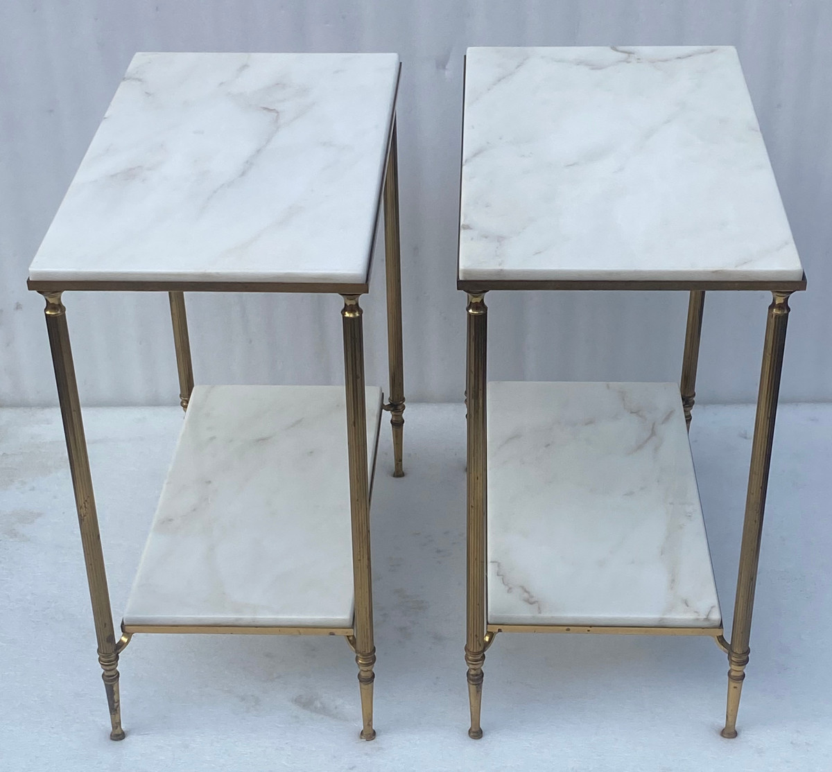 1970′ Pair Of Brass Sofa End Tables Maison Baguès White Marble Tops 49.5 X 30 Xh 57 