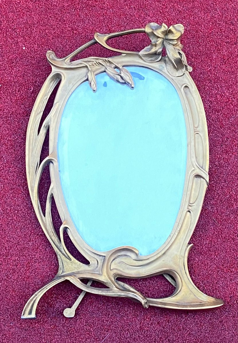 1900′ Art Nouveau Bronze Mirror Floral Decor H 43 L 29 Cm-photo-2