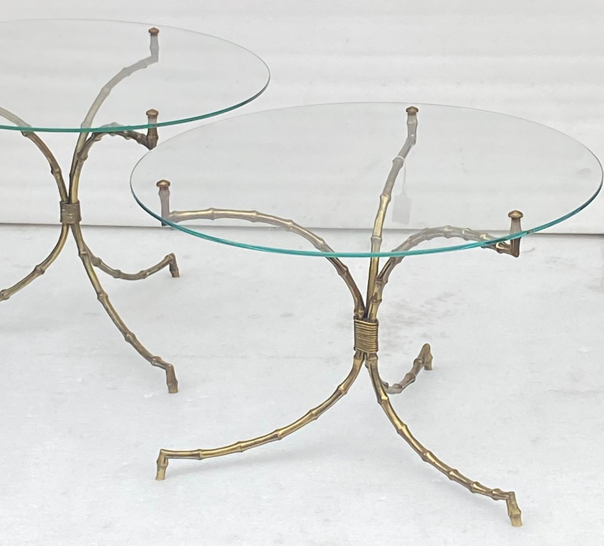 1970′ Pair Of Gueridon Tables Decor Bamboo Maison Baguès Bronze Glass Top ø 60 H 45 Cm-photo-2
