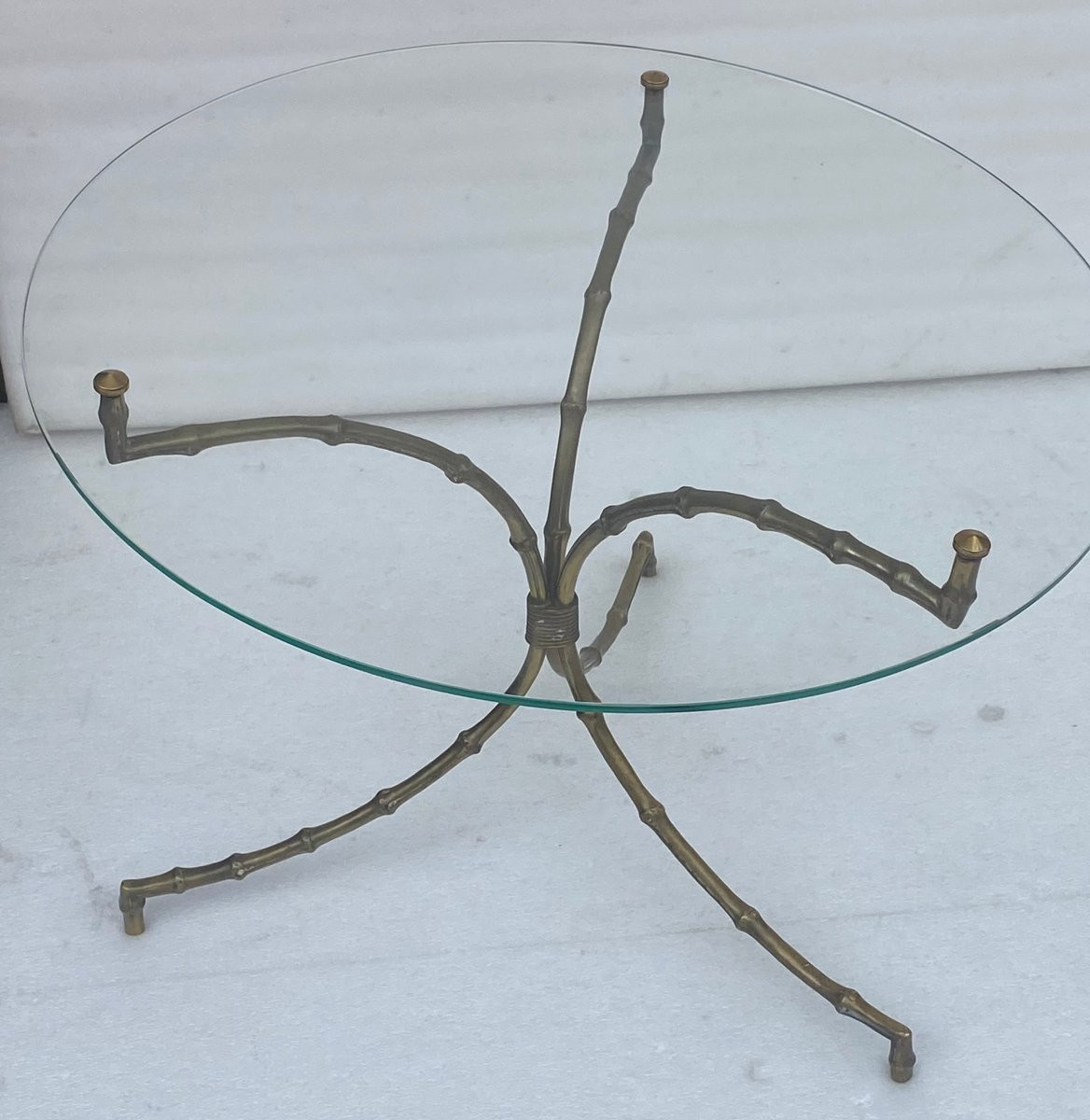1970′ Pair Of Gueridon Tables Decor Bamboo Maison Baguès Bronze Glass Top ø 60 H 45 Cm-photo-2