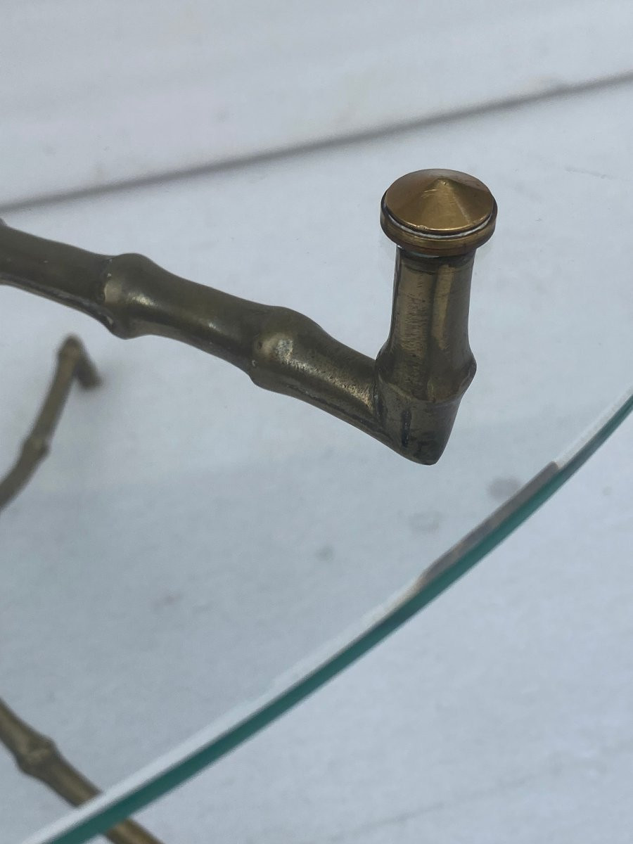 1970′ Pair Of Gueridon Tables Decor Bamboo Maison Baguès Bronze Glass Top ø 60 H 45 Cm-photo-5