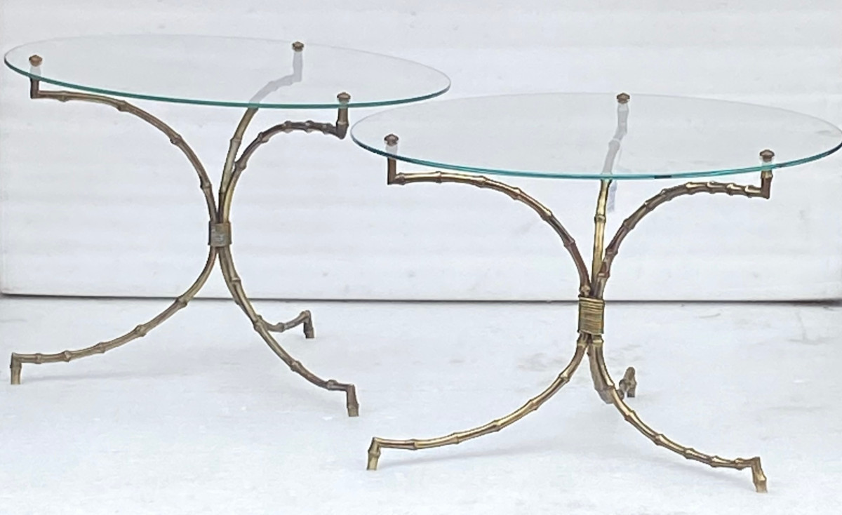 1970′ Pair Of Gueridon Tables Decor Bamboo Maison Baguès Bronze Glass Top ø 60 H 45 Cm