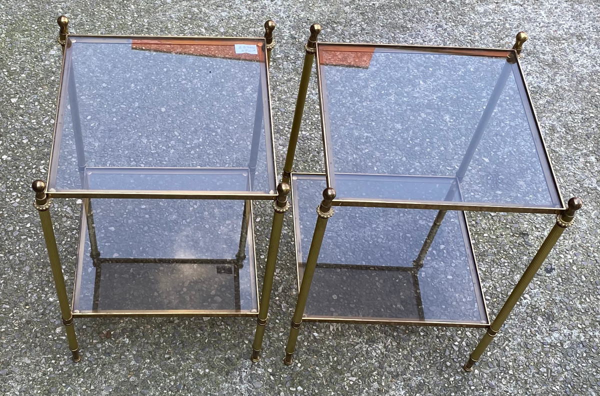 1970′ Paire De Bouts De Canapés En Bronze Maison Bagués Plateaux Verre Fumé 40 X 40x H 57 Cm