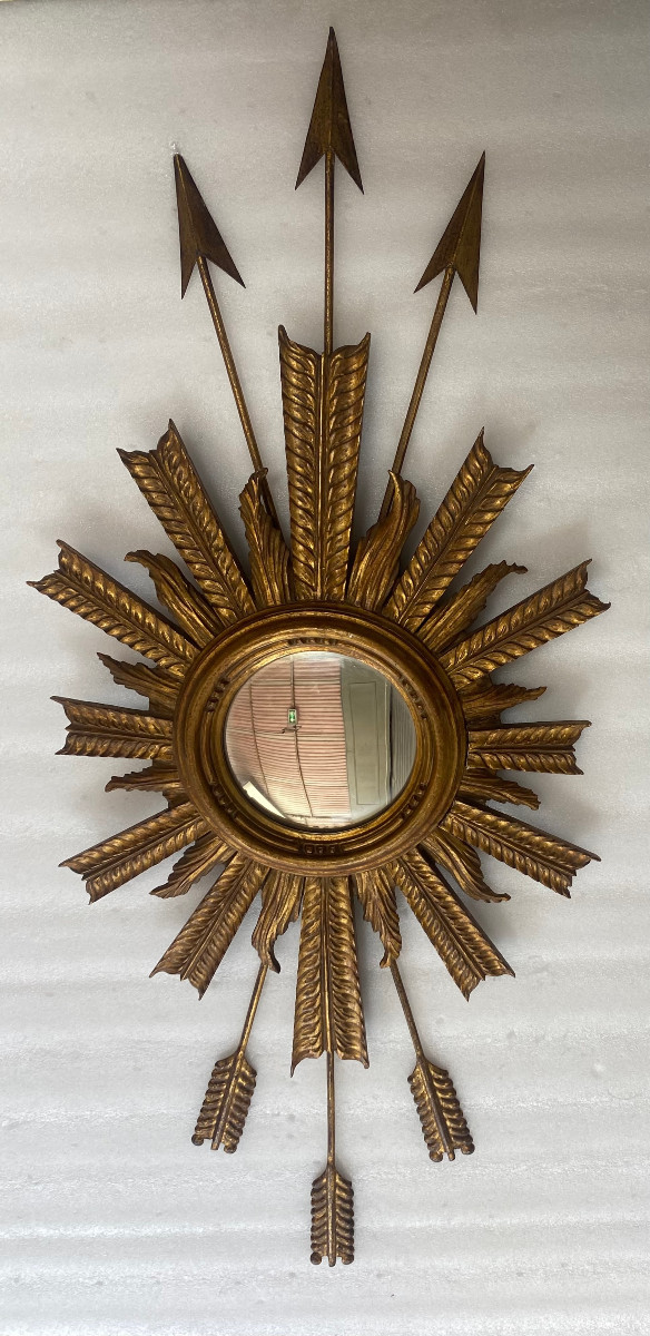 1950/70 'convex Sun Mirror With Arrows Wood And Gilded Iron H 100 Cm