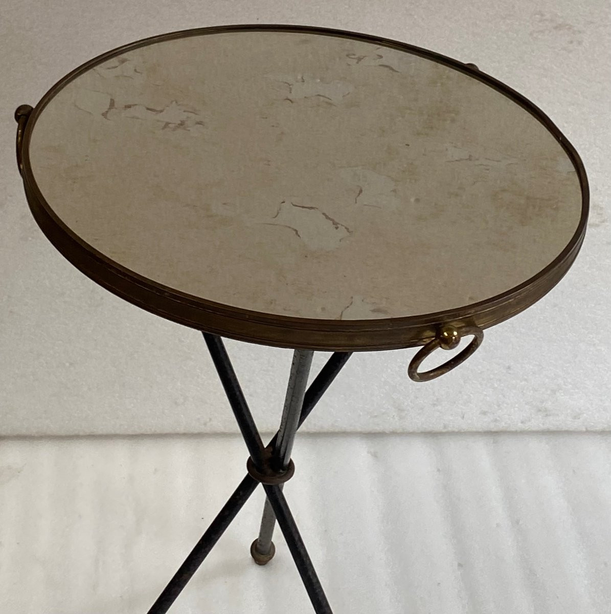 1950/70′ Guéridon Fer Forgé Ornements En Laiton Style Jacques Adnet Diamètre 42 Cm-photo-2