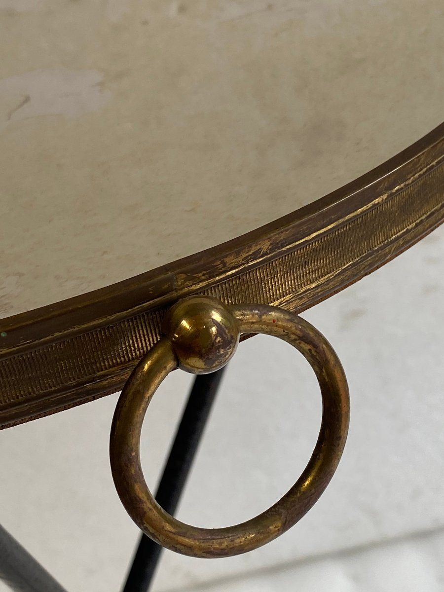 1950/70′ Guéridon Fer Forgé Ornements En Laiton Style Jacques Adnet Diamètre 42 Cm-photo-4