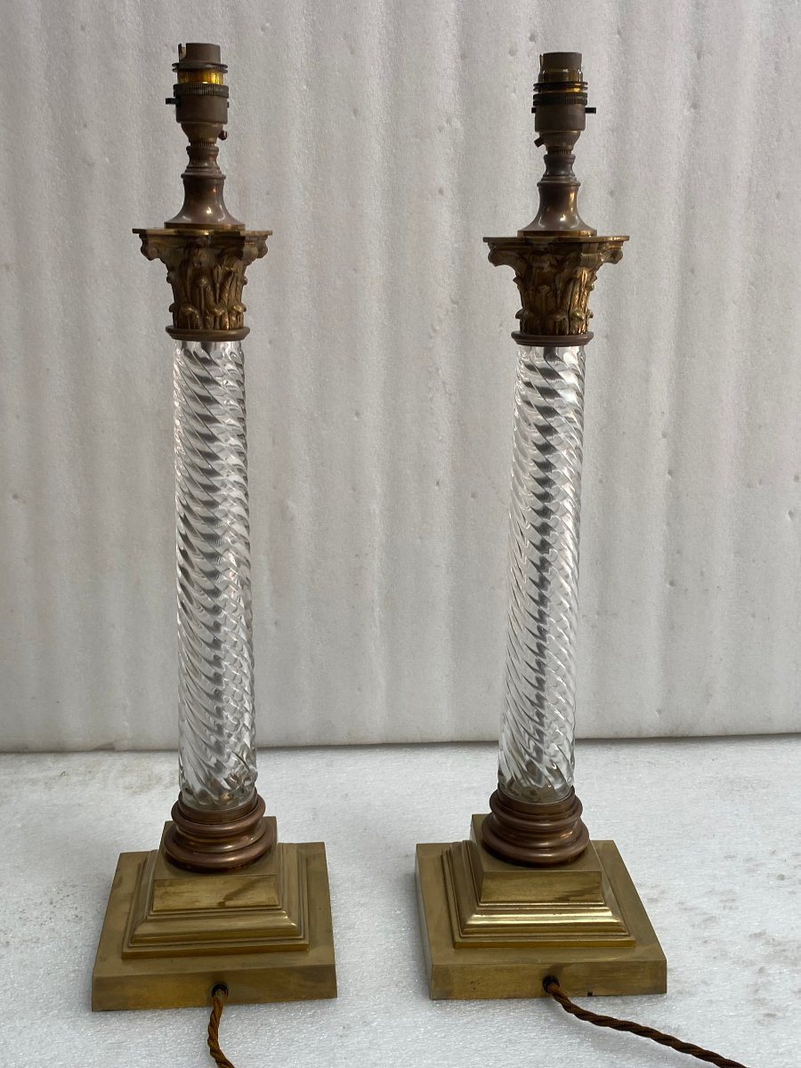 1900′ Pair Of Baccarat Crystal And Bronze Renaissance Style Lamps With Corinthian Capitals-photo-2