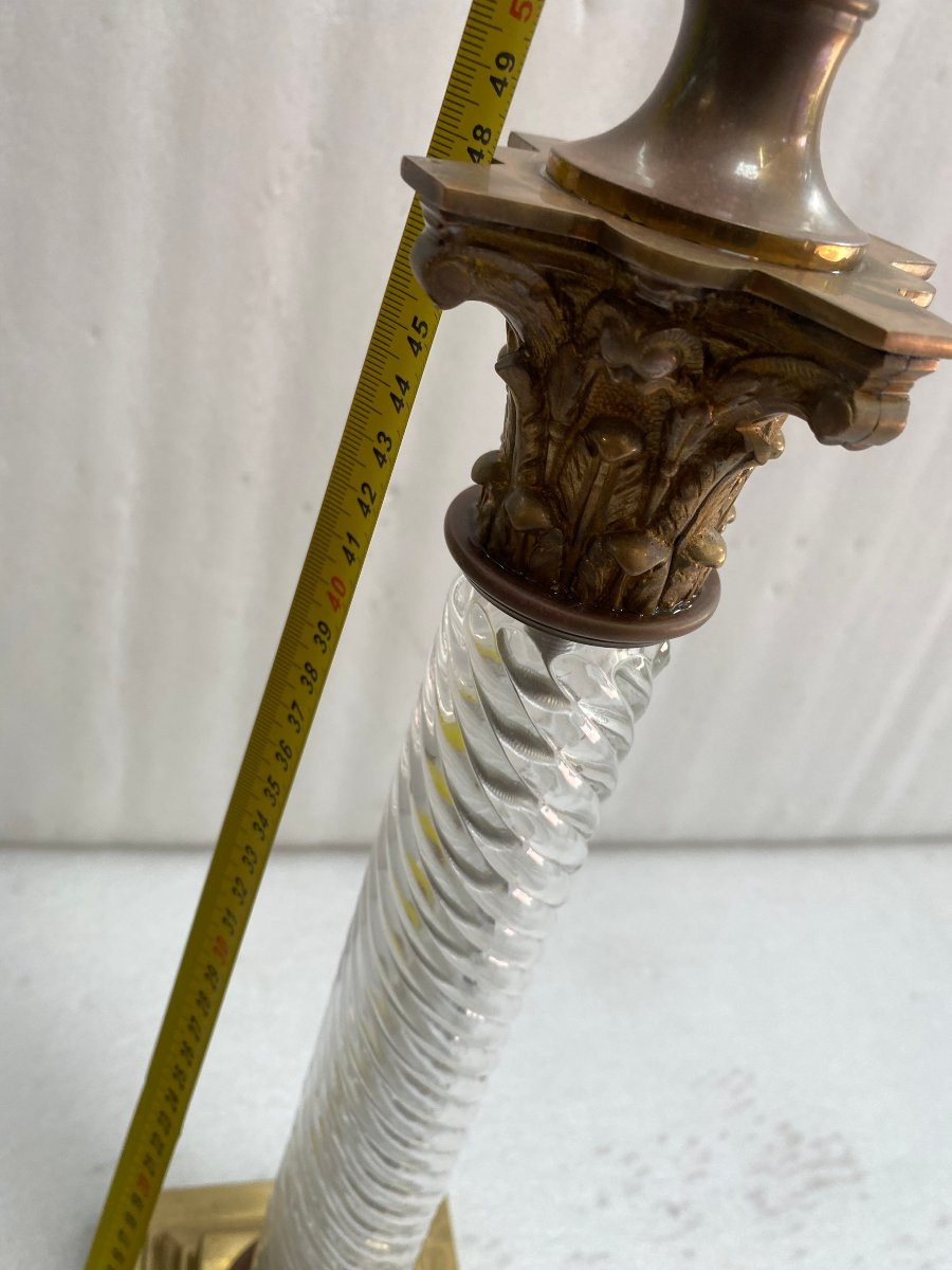 1900′ Pair Of Baccarat Crystal And Bronze Renaissance Style Lamps With Corinthian Capitals-photo-1