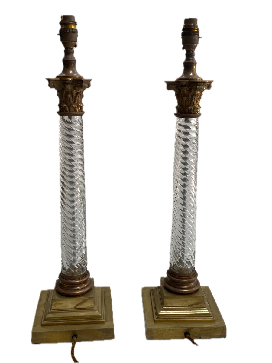 1900′ Pair Of Baccarat Crystal And Bronze Renaissance Style Lamps With Corinthian Capitals