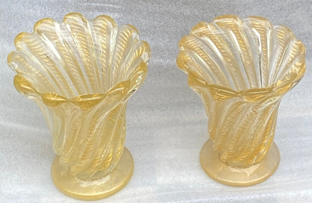 1970′ Similar Twisted Murano Crystal Vases With Murano Gold Sequins H 26 And 24.5 Cm-photo-2
