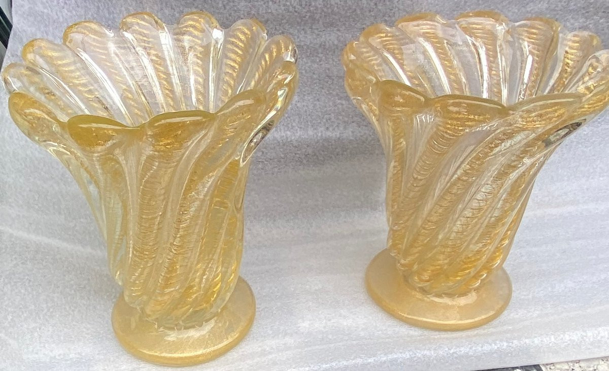 1970′ Similar Twisted Murano Crystal Vases With Murano Gold Sequins H 26 And 24.5 Cm-photo-4