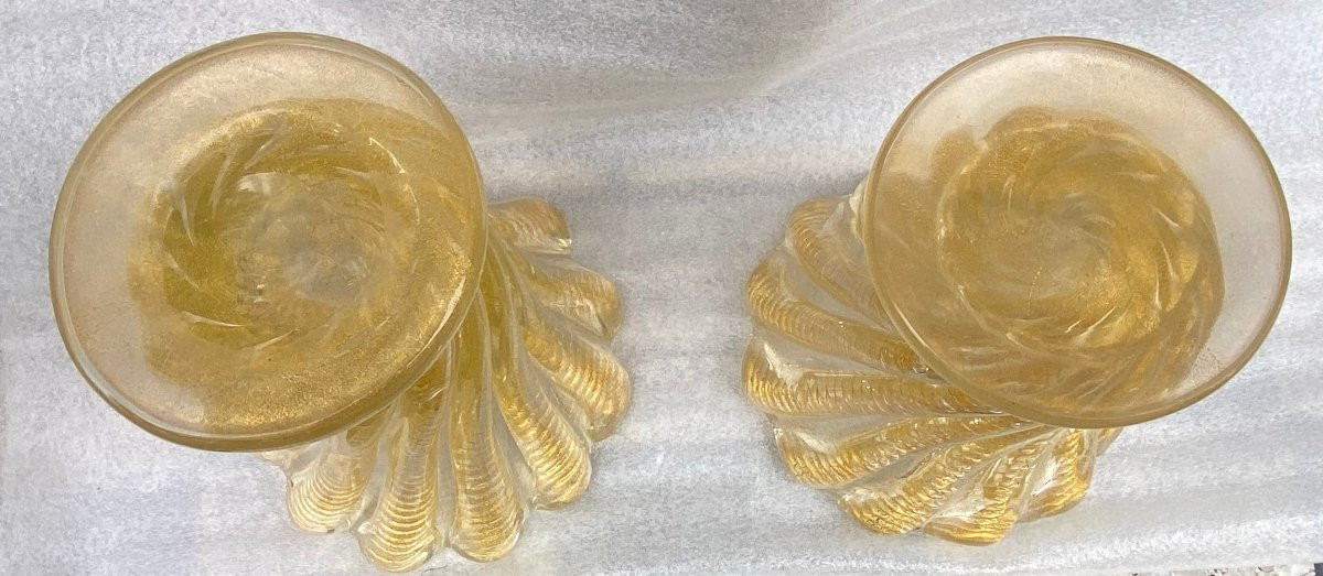 1970′ Similar Twisted Murano Crystal Vases With Murano Gold Sequins H 26 And 24.5 Cm-photo-3