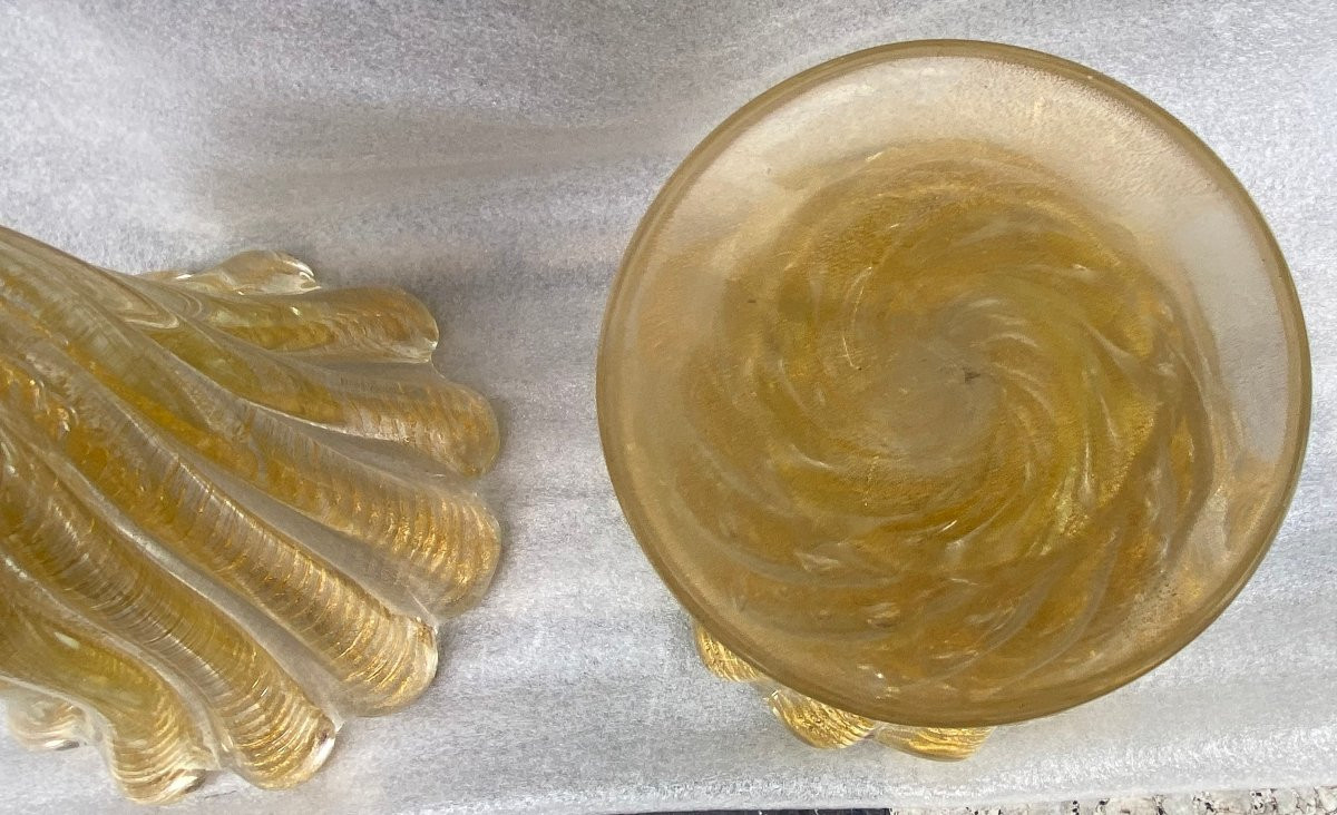 1970′ Similar Twisted Murano Crystal Vases With Murano Gold Sequins H 26 And 24.5 Cm-photo-4