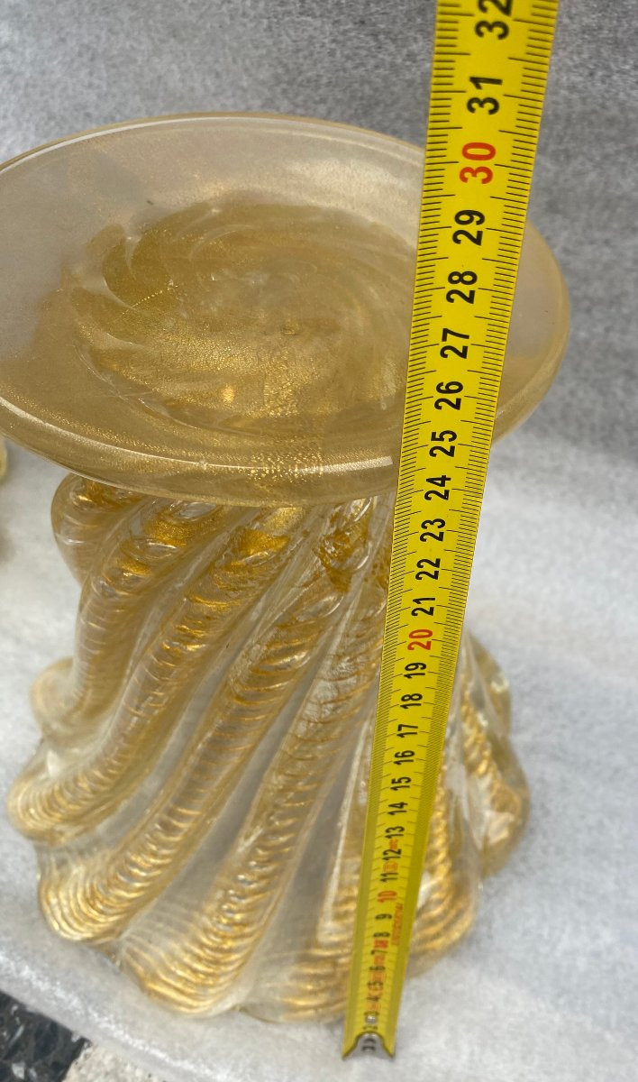 1970′ Similar Twisted Murano Crystal Vases With Murano Gold Sequins H 26 And 24.5 Cm-photo-7