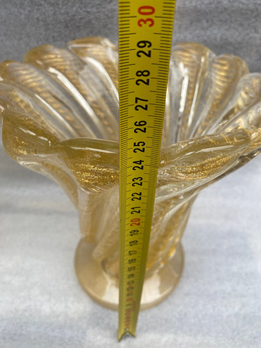 1970′ Similar Twisted Murano Crystal Vases With Murano Gold Sequins H 26 And 24.5 Cm-photo-8
