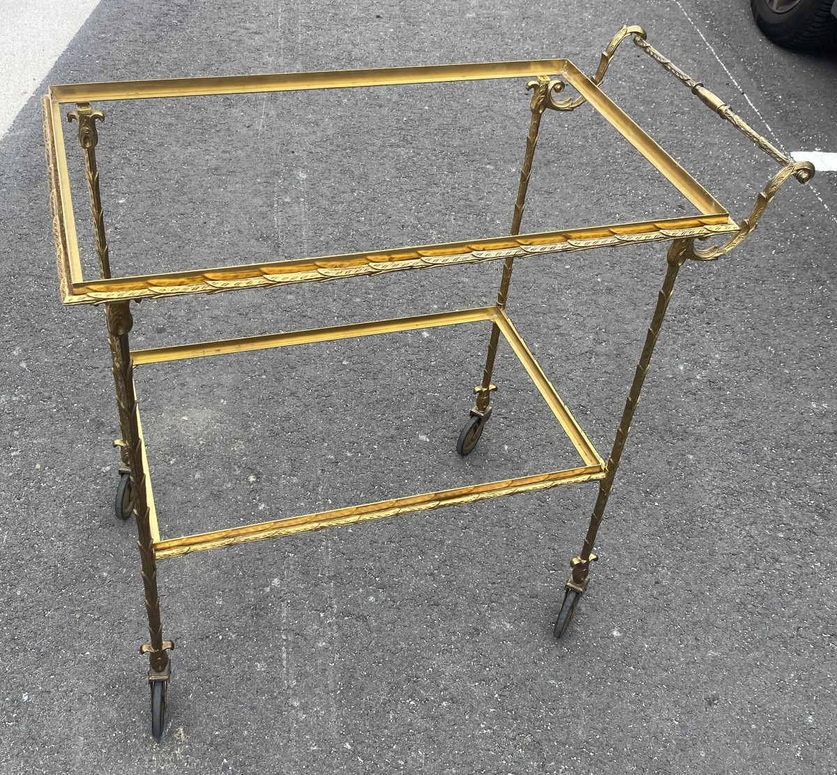 1970′ Rolling Trolley In Bronze And Gilded Brass Maison Baguès Palm Tree Decor