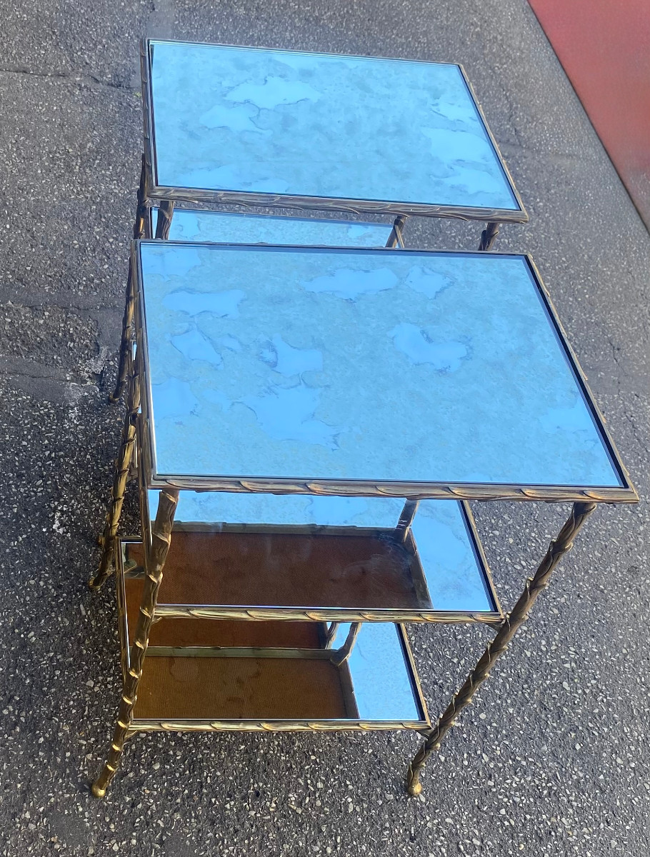 1970′ Pair Of Maison Charles Side Tables, Palm Tree Decor In Gilt Bronze, Mirror Trays