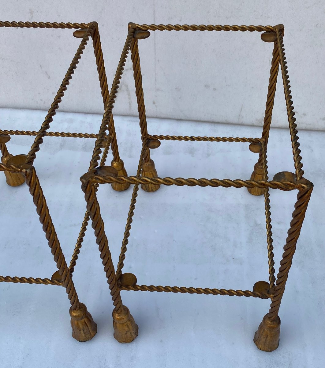 1970′ Paire  Bouts De Canapé En Fer Doré 2 Plateaux Verre DLG Maison Bagués Decor Passementerie-photo-2
