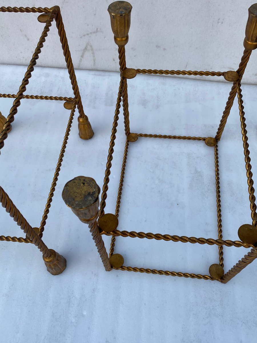 1970′ Paire  Bouts De Canapé En Fer Doré 2 Plateaux Verre DLG Maison Bagués Decor Passementerie-photo-3