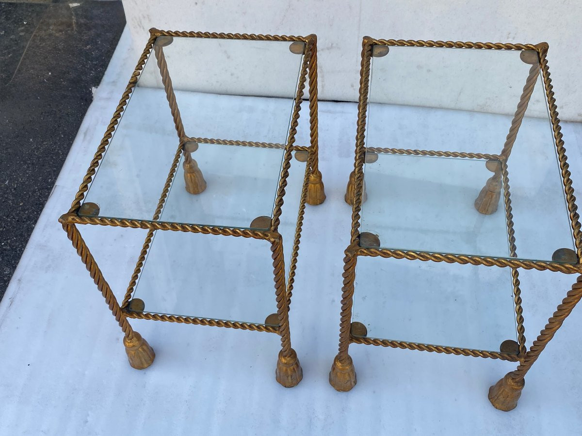 1970′ Paire  Bouts De Canapé En Fer Doré 2 Plateaux Verre DLG Maison Bagués Decor Passementerie-photo-8