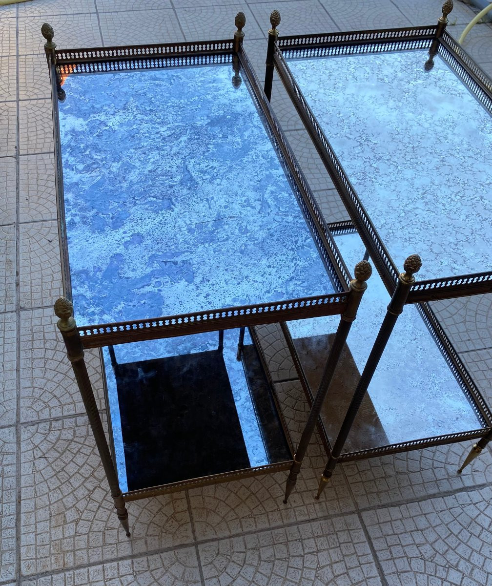 1950/70′ Pair Of Maison Baguès Shelves 62 X 34 Cm H 68 Cm Aged Oxidized Mirror Trays-photo-3