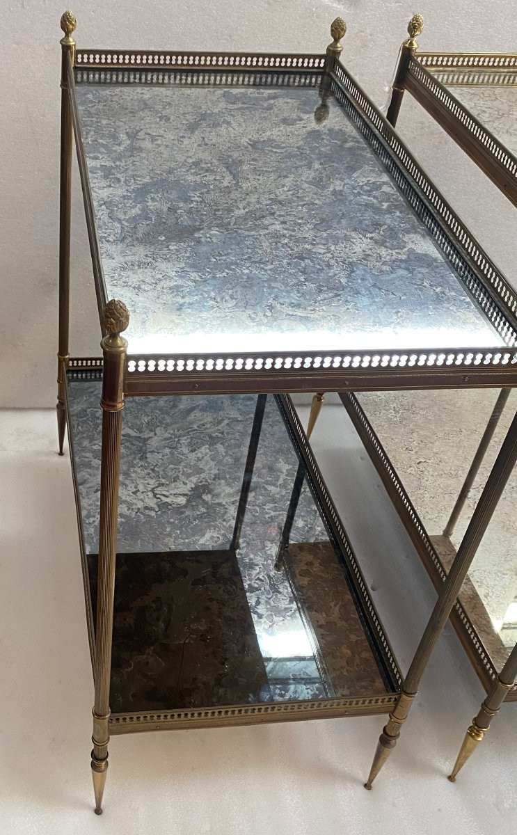 1950/70′ Pair Of Maison Baguès Shelves 62 X 34 Cm H 68 Cm Aged Oxidized Mirror Trays-photo-8