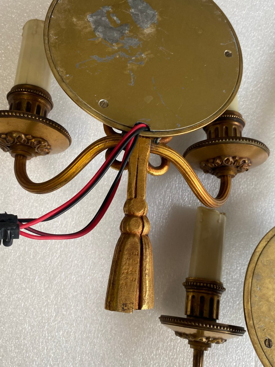 1950/70′ Series Of 5 Gilt Bronze Wall Lights With Convex Mirror Signed Petitot-photo-8