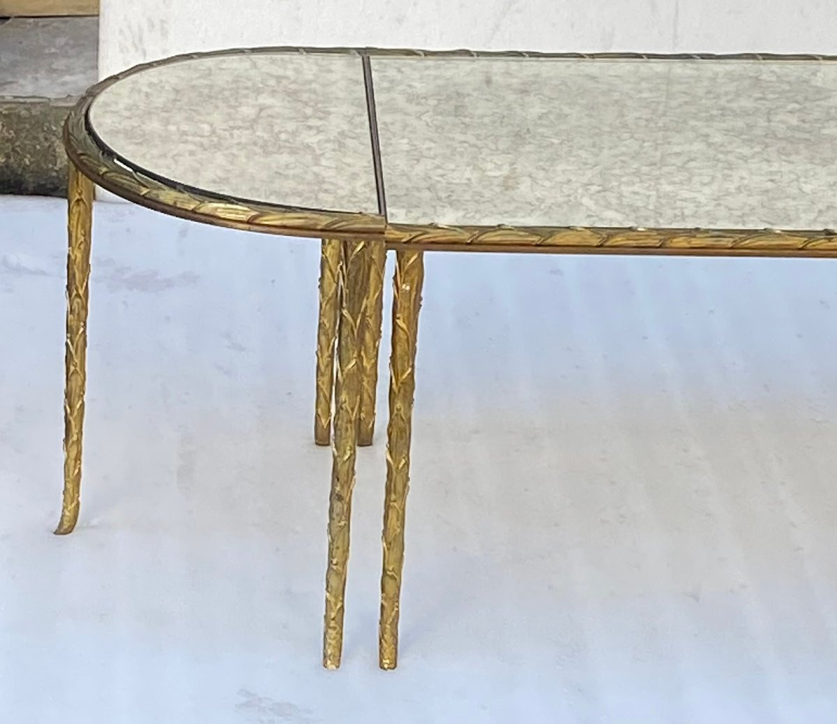 1970′ Tripartite Table Maison Charles Palm Tree Decor Gilt Bronze Mirrored Trays 102 X 43 Cm-photo-7