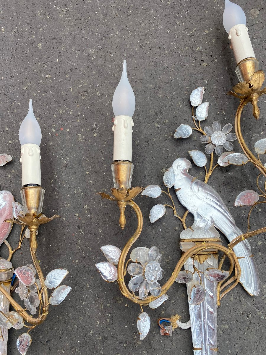 1950/70′ Pair Of Parakeet Wall Lights Resting On A Sheath, Maison Baguès H 63 Cm-photo-4