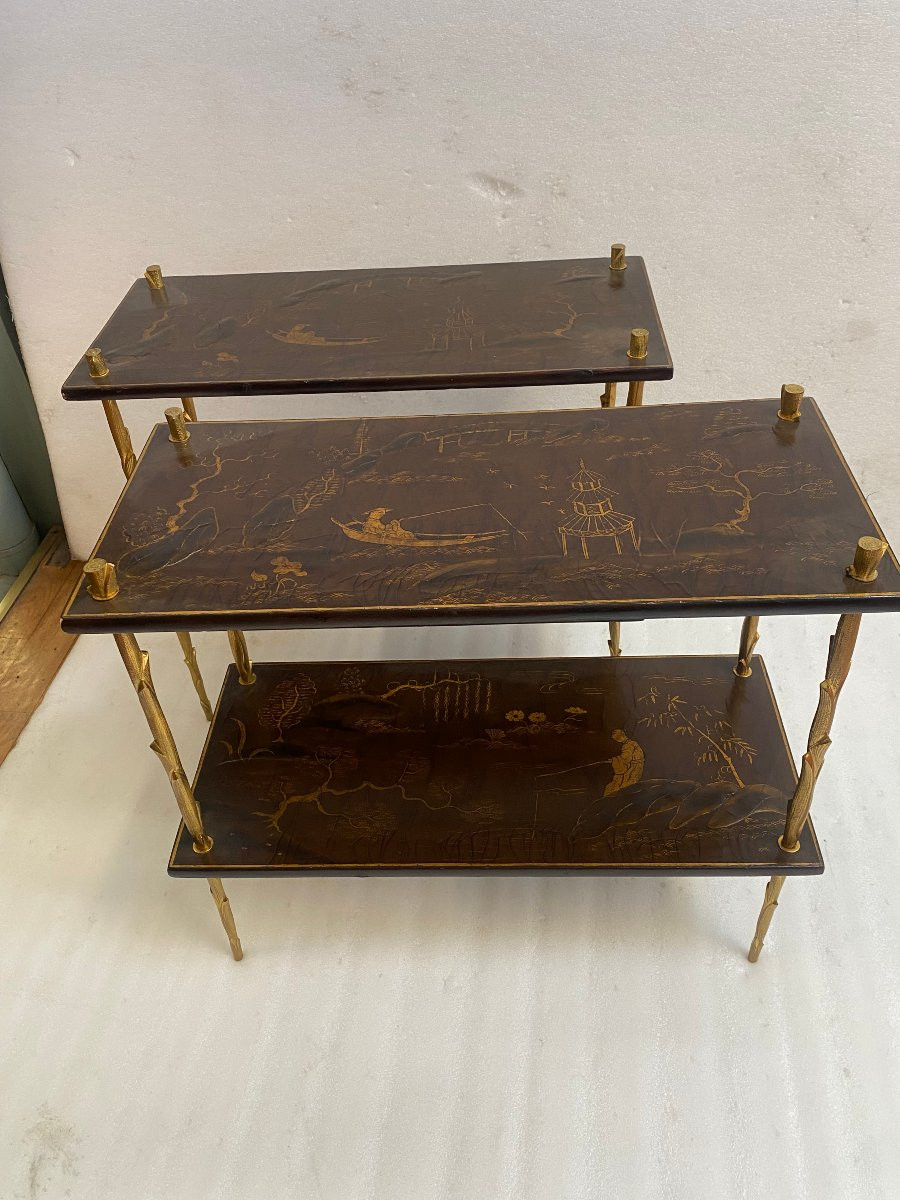 1950/70′ Paire De Tables  Maison Charles Style Agostini ,Laques De Chine Bronze 62 X 28 H 53 cm-photo-2