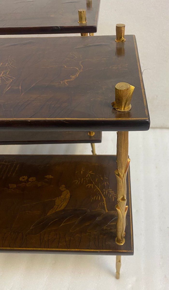 1950/70′ Paire De Tables  Maison Charles Style Agostini ,Laques De Chine Bronze 62 X 28 H 53 cm-photo-3