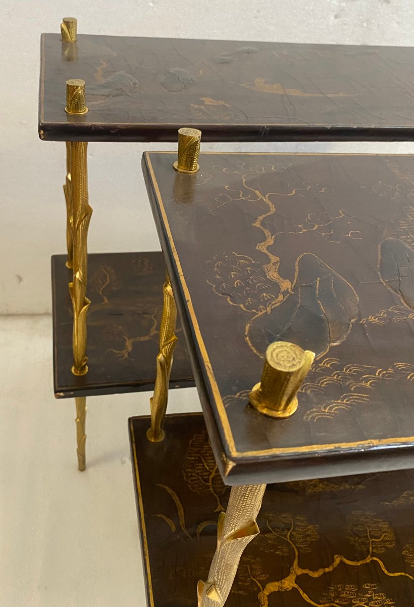 1950/70′ Paire De Tables  Maison Charles Style Agostini ,Laques De Chine Bronze 62 X 28 H 53 cm-photo-7