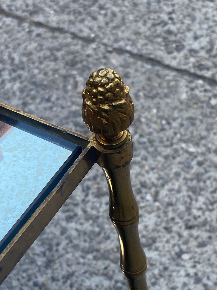 1950′ Paire de Tables Maison Baguès Décor Bambou en Bronze Avec Plateaux Miroirs Oxydés Vieilli-photo-3