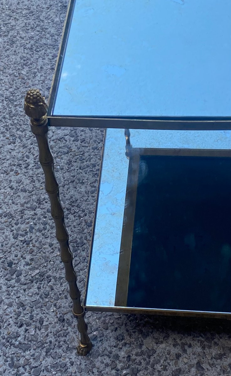1950′ Paire de Tables Maison Baguès Décor Bambou en Bronze Avec Plateaux Miroirs Oxydés Vieilli-photo-6