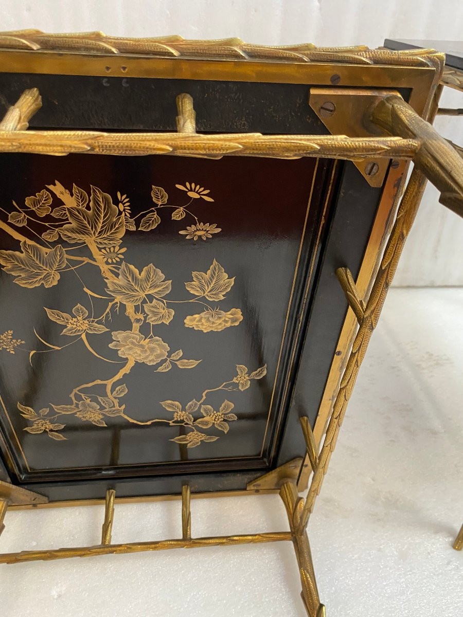 1970′ Paire De Bouts De Canapé Decor Laque De Chine Recto Verso Bronze Modèle Palmier Charles -photo-8