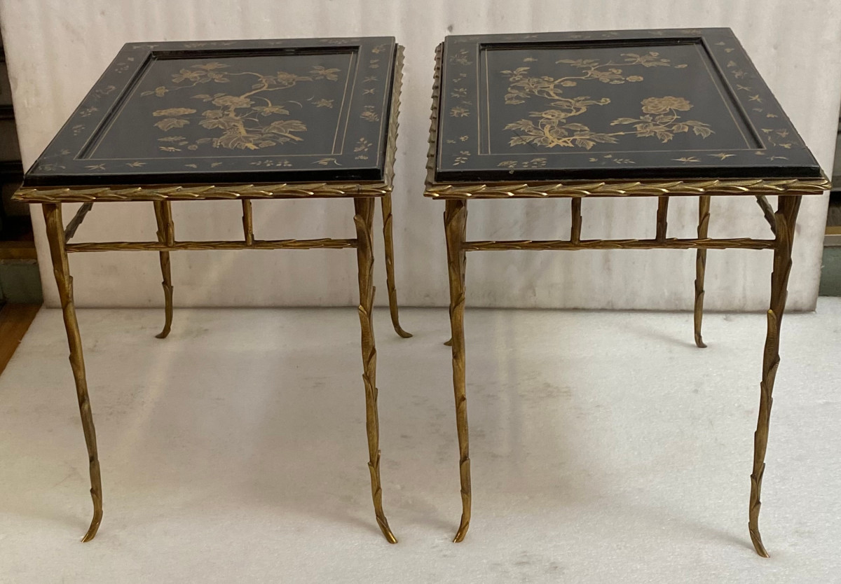 1970′ Paire De Bouts De Canapé Decor Laque De Chine Recto Verso Bronze Modèle Palmier Charles 
