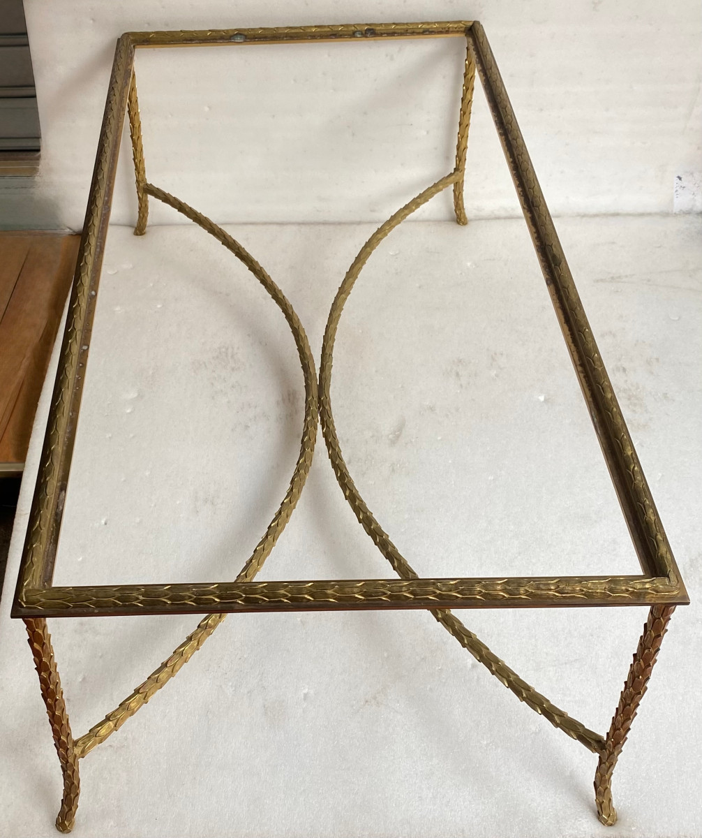 1970′ Table Basse  Bronze  Doré Modèle Palmier, Maison Charles Signée 132 x 66 x H 43 cm