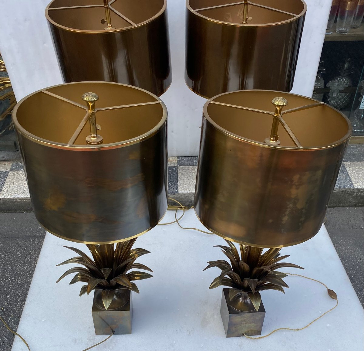 1950/70 Série de 4 Lampes en Bronze Décor Fleur De Lotus Signée Charles-photo-2