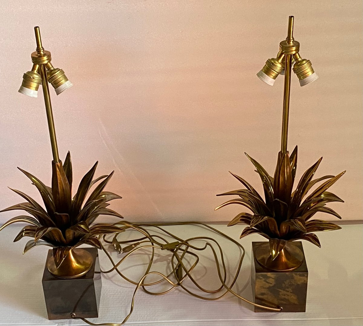 1950/70 Série de 4 Lampes en Bronze Décor Fleur De Lotus Signée Charles-photo-1