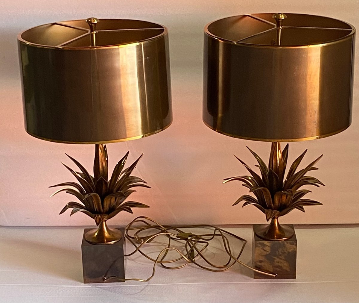 1950/70 Série de 4 Lampes en Bronze Décor Fleur De Lotus Signée Charles-photo-2