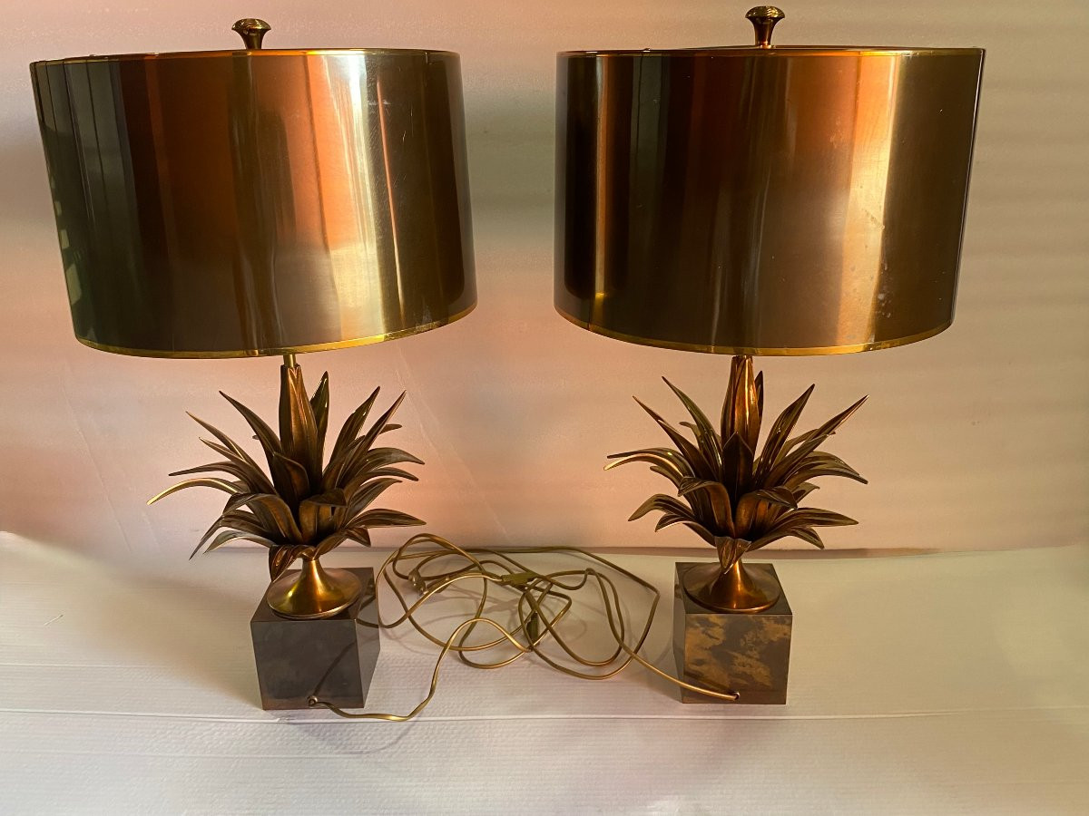 1950/70 Série de 4 Lampes en Bronze Décor Fleur De Lotus Signée Charles-photo-4