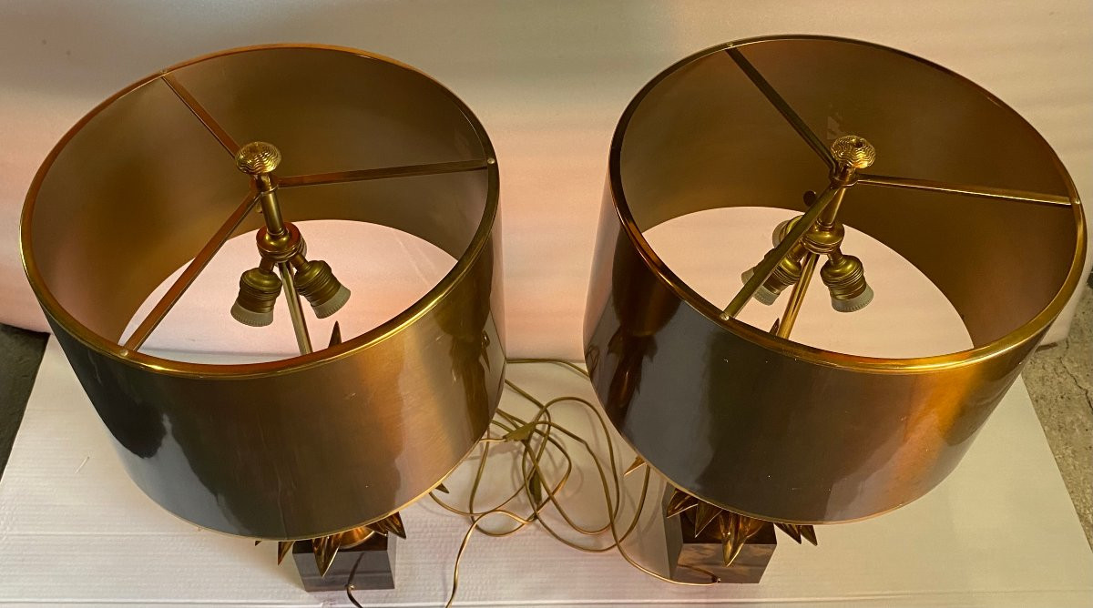 1950/70 Série de 4 Lampes en Bronze Décor Fleur De Lotus Signée Charles-photo-5