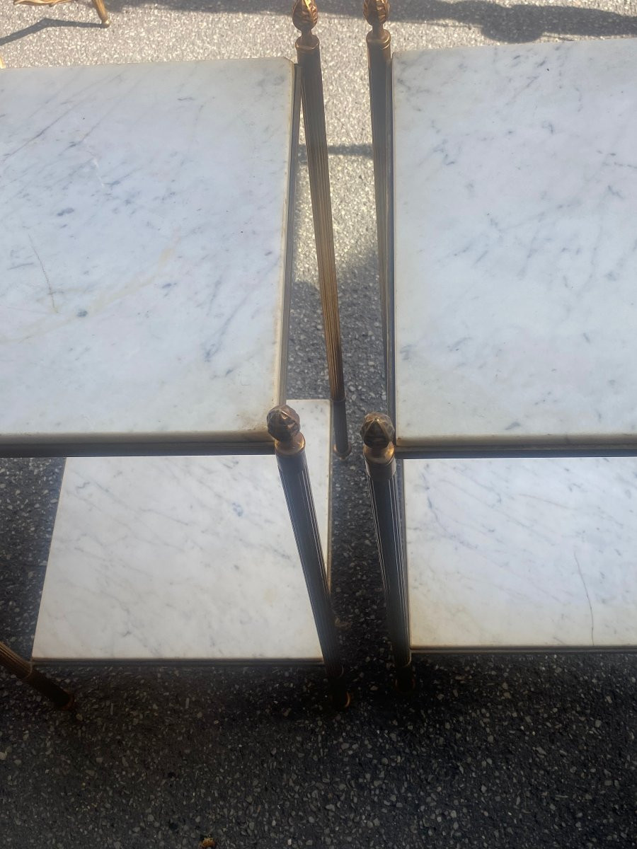 1950/70′ Paire d’Etagères En Bronze Maison Bagués Plateaux Marbre Blanc Veiné 33 X 33 cm-photo-2