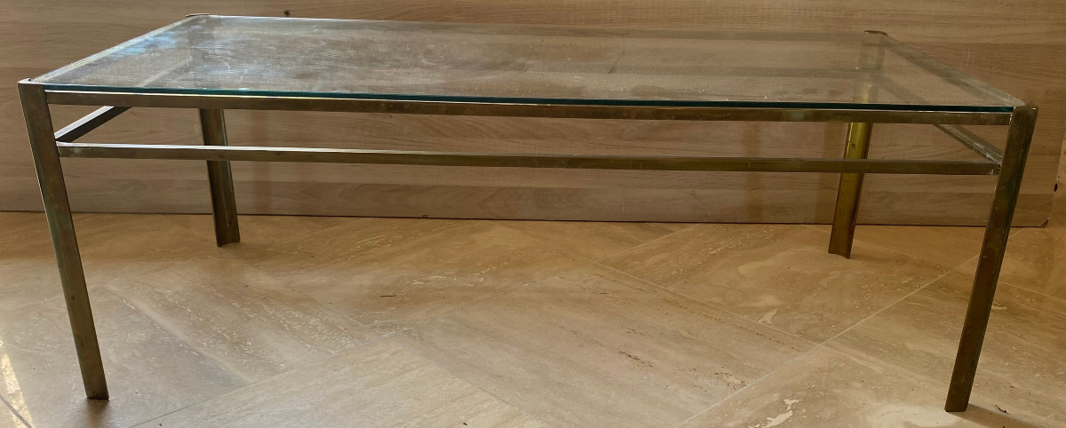 1970′ Coffee Table By Jacques Quinet, Patinated Brass For The Malabert Maison 101 X 51 Xh 35 Cm